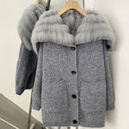 OFTBUY Sweater Femlae Button Pockets Warm Winter Luxury Outerwear New Women's Knit Cardigan with Large Real Fox Fur Collar