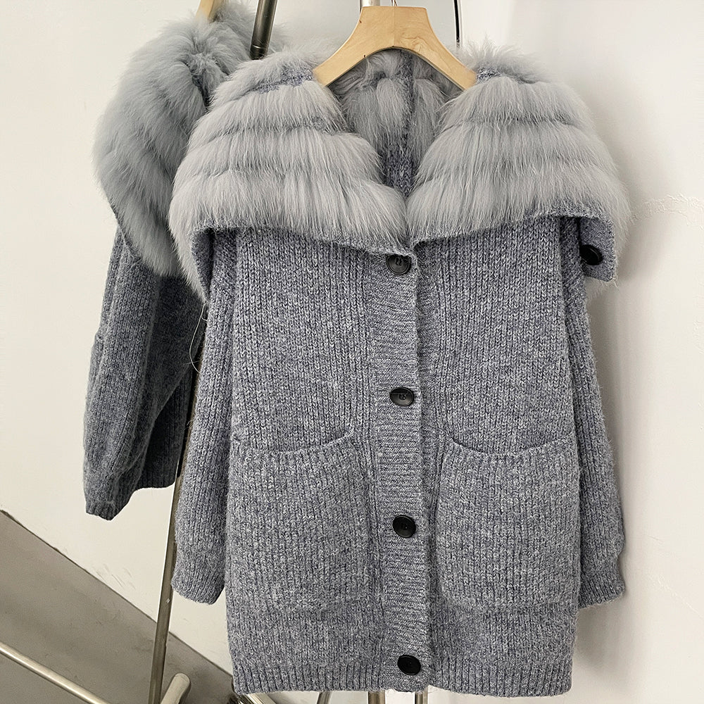 OFTBUY Sweater Femlae Button Pockets Warm Winter Luxury Outerwear New Women's Knit Cardigan with Large Real Fox Fur Collar