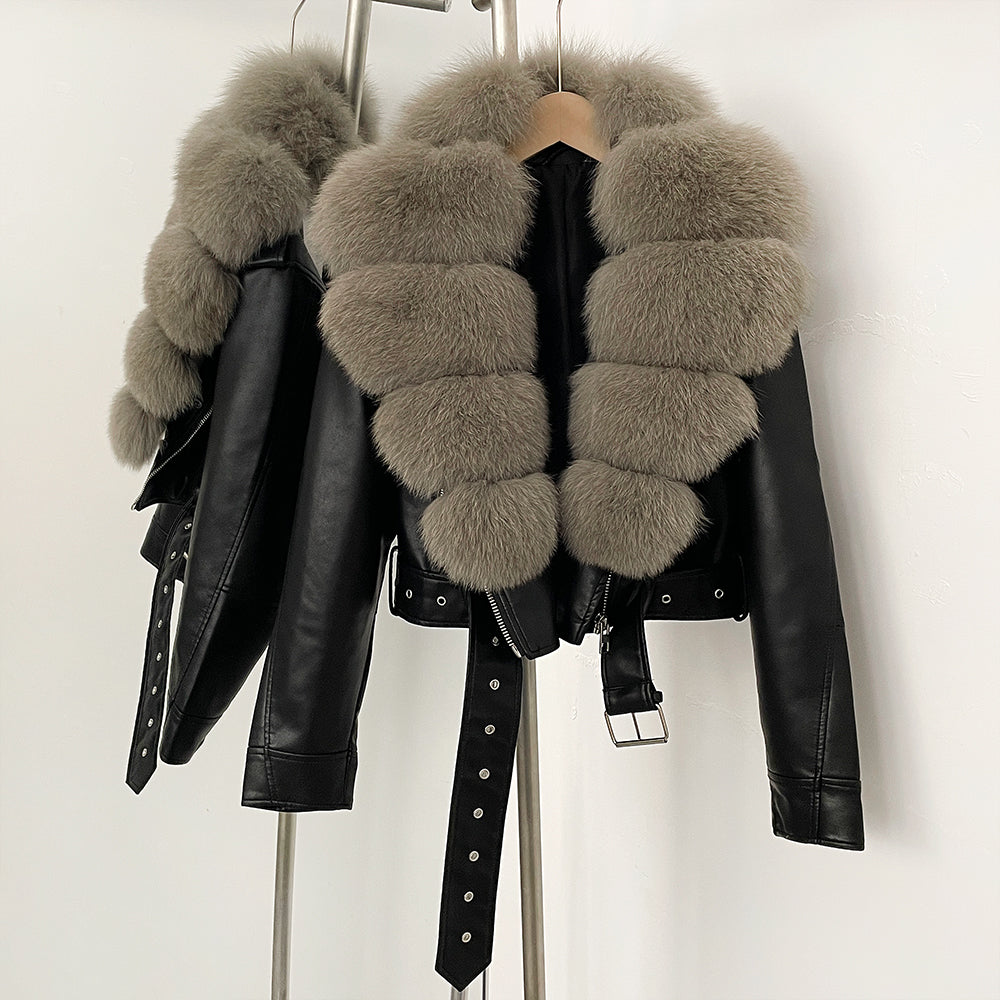 OFTBUY Natural Fox Fur Faux Leather Jacket Female New Autumn Short Top Clothing Women Long Sleeve Fake Leather Real Fur Coat