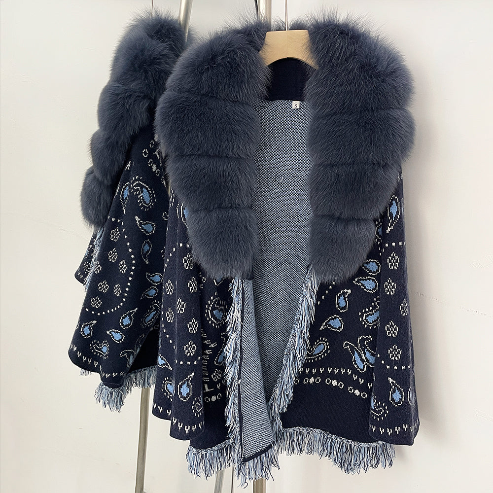 OFTBUY New Luxury Clothes Winter Outerwear Lady Women's Paisley Knit Cardigan with Real Fox Fur Trim Belted Sweater Coat Female