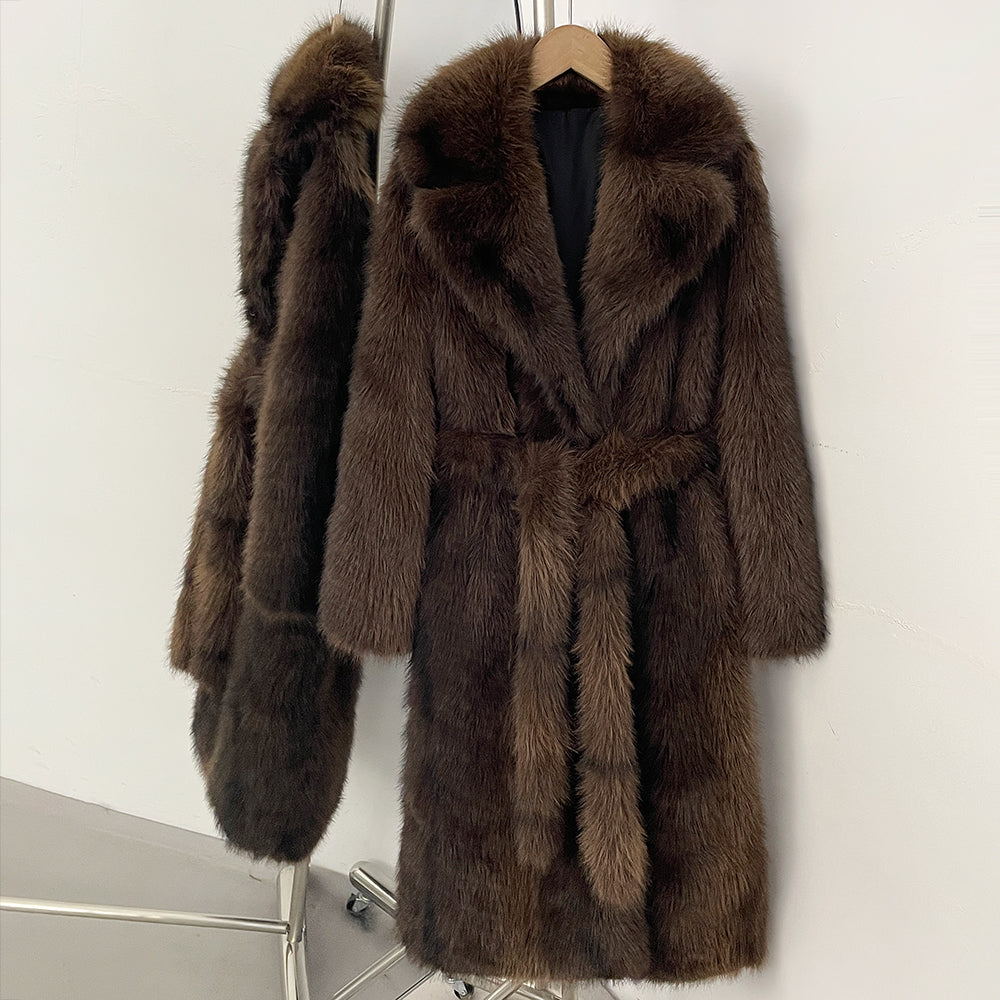 Full-length view of coffee brown belted faux fur coat with oversized lapel