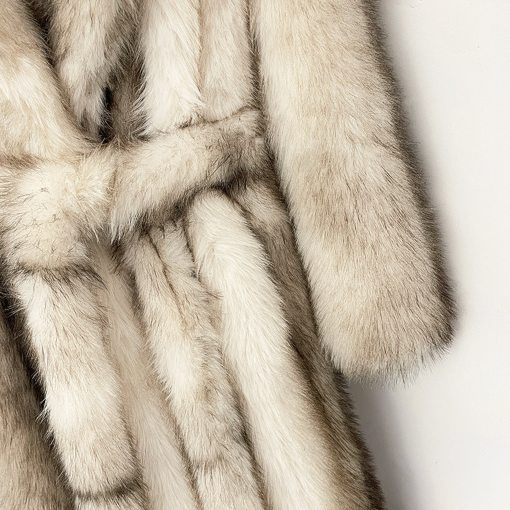 OFTBUY Luxury Long-Length Belted Faux Fur Coat - Premium Vegan Silver Fox Style Overcoat with Oversized Lapel