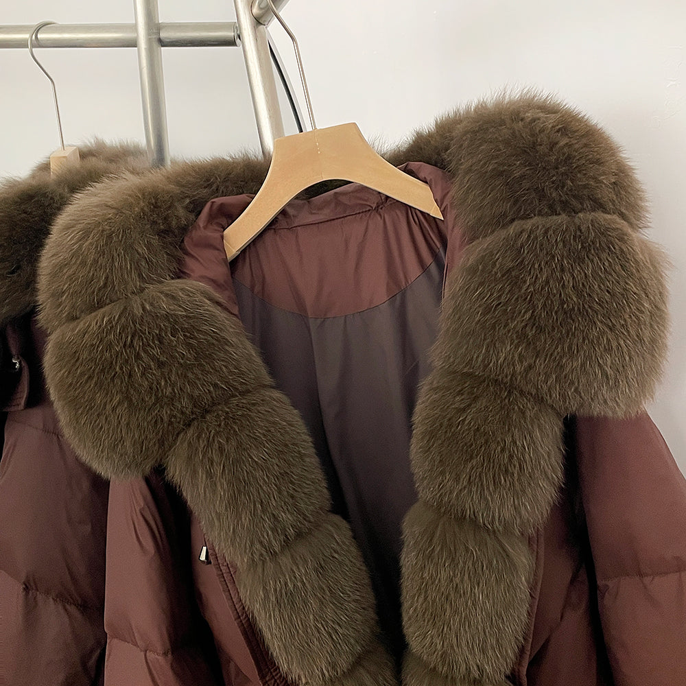 OFTBUY Luxury Cropped Down Puffer with Colossal Real Fur Collar - Premium 90% Duck Down Winter Statement Coat