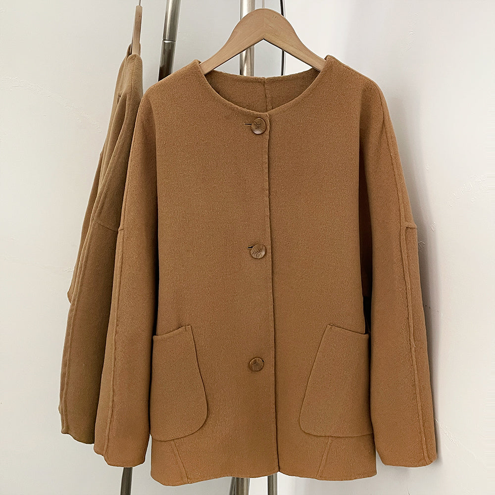 OFTBUY New Women's Wool Coat with Large Real Fox Fur Collar Loose Fit Back Detail Pockets Warm Winter Elegant Fashion Outerwear
