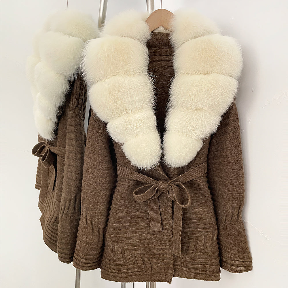 OFTBUY New Women's Knit Coat with Large Real Fox Fur Collar Belted Waist Striped Texture Pockets Winter Luxury Elegant Outerwear