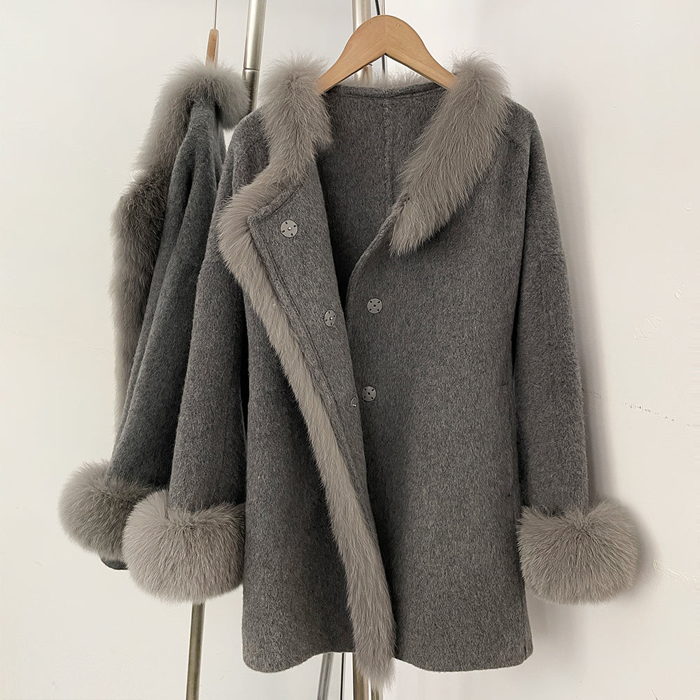 OFTBUY Trim Bow Detail Decorative Buttons Winter Elegant Woolen Outerwear New Women's Double Face Wool Coat with Real Fox Fur