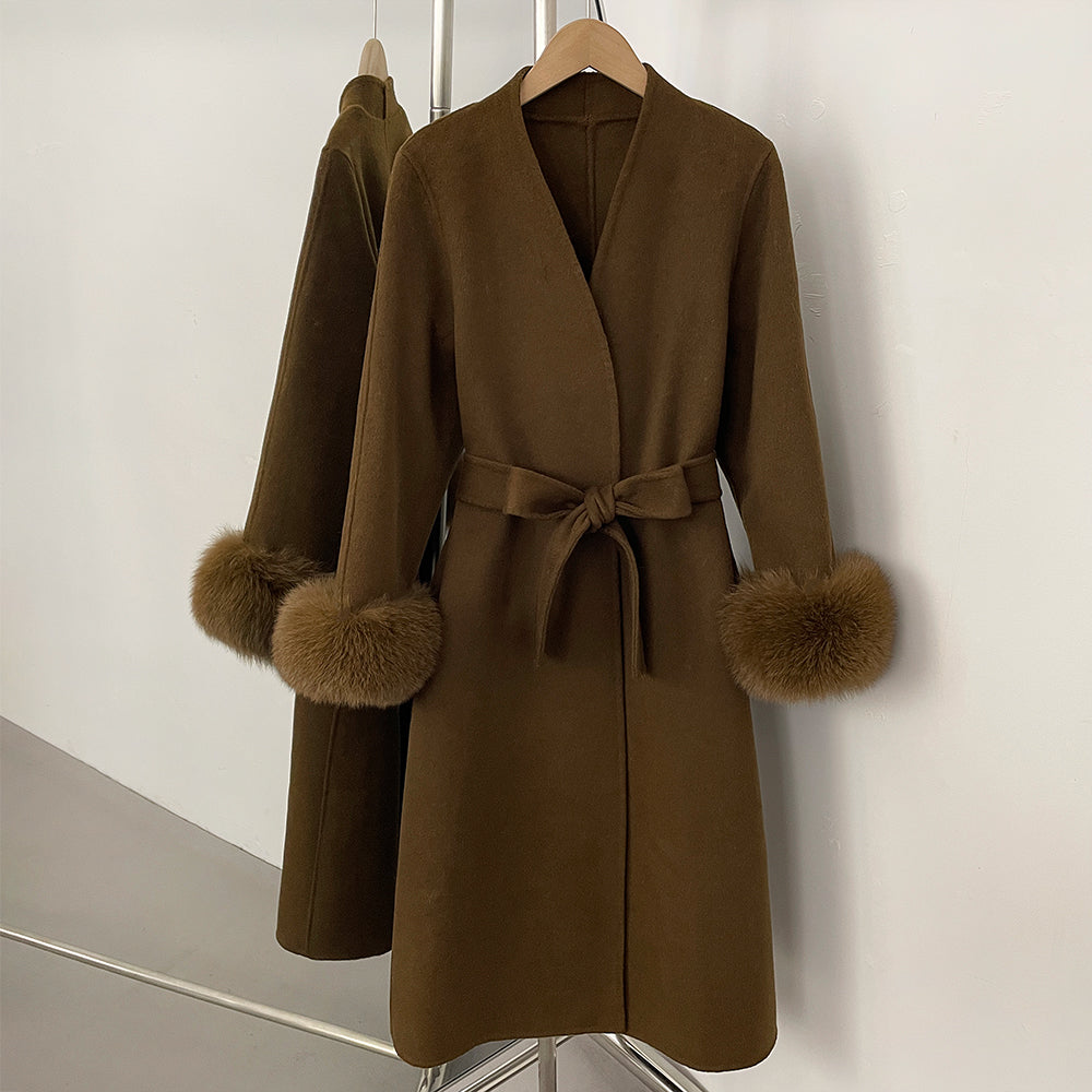 OFTBUY New Women's Double-Faced Wool Coat with Real Fox Fur Cuffs V-Neck Belted Bow Long Warm Winter Elegant Fashion Outerwear