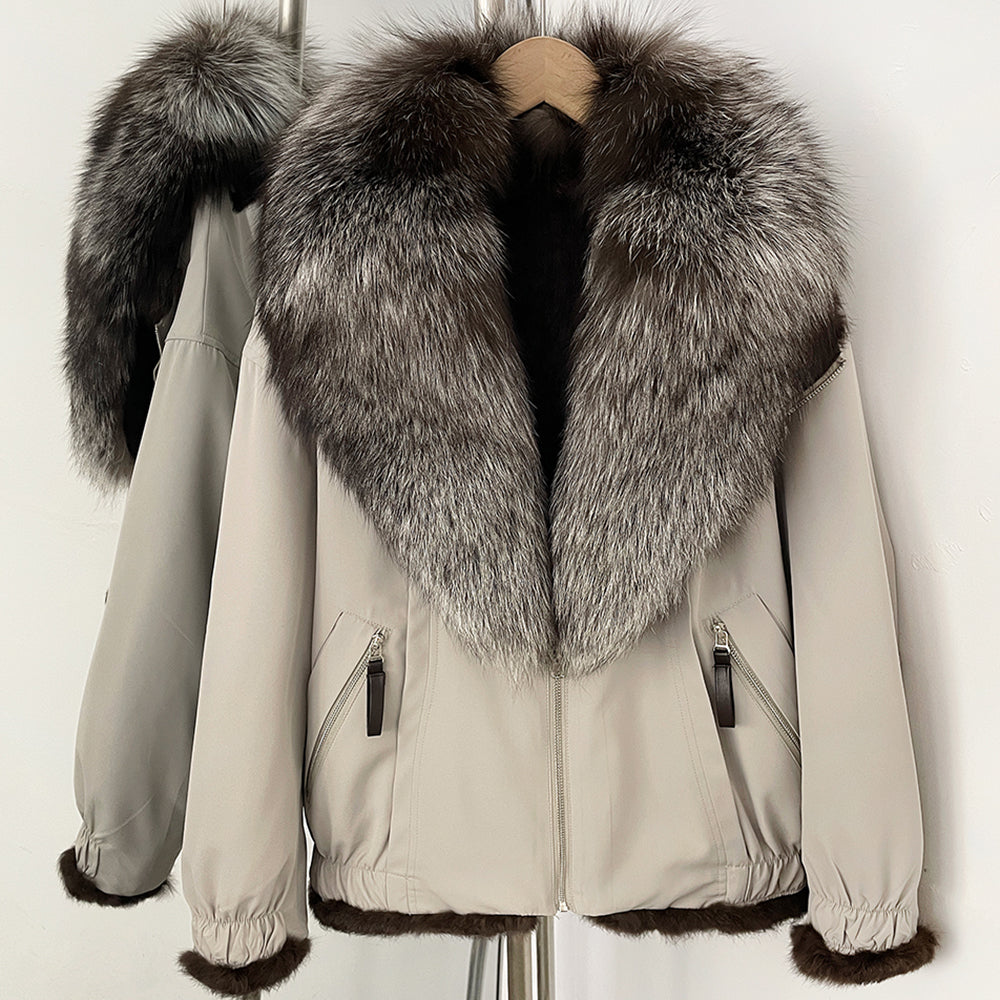 OFTBUY Luxury Real Fox Fur Collar Parka - Premium Real Rabbit Fur Lined Bomber Jacket for Extreme Cold