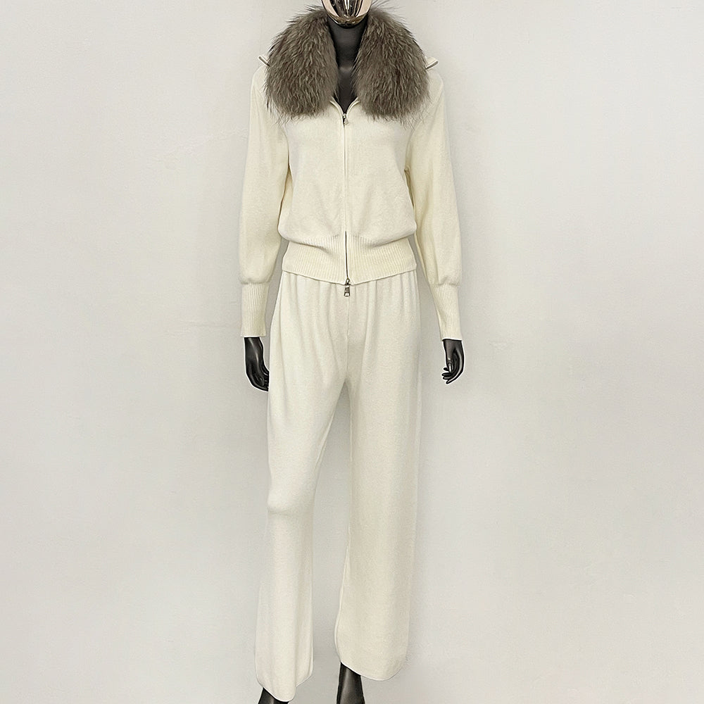 OFTBUY Winter New Women's Knitted Tracksuit Set with Fox Fur Collar Zipper Jacket Wide Leg Pants Luxury Casual Two-Piece Outfit
