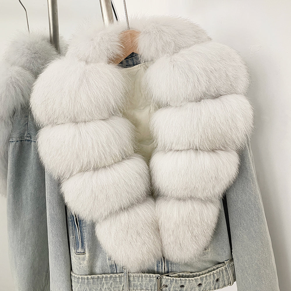 OFTBUY Real Fox Fur Collar Down Inner Lid Denim Jacket Female New Fashion Thick Warm Clothes Women Short Fluffy Puffer Jacket