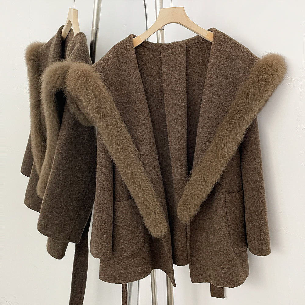 OFTBUY Belt Luxury Fur Navy Collar Warm Jacket Female 100% Wool Coat with Real Fox Fur New Autumn Winter Woolen Colthes Women