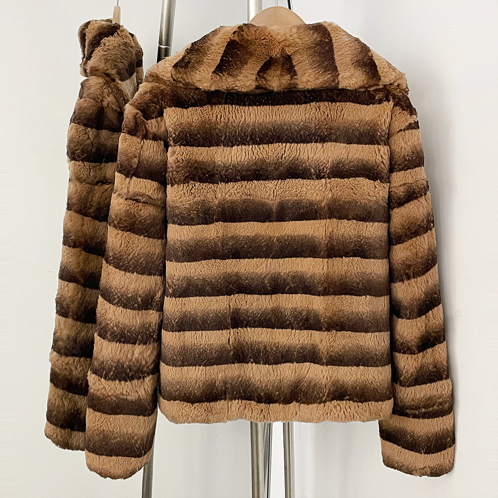 Back full view of horizontal gradient stripe real rabbit fur short jacket