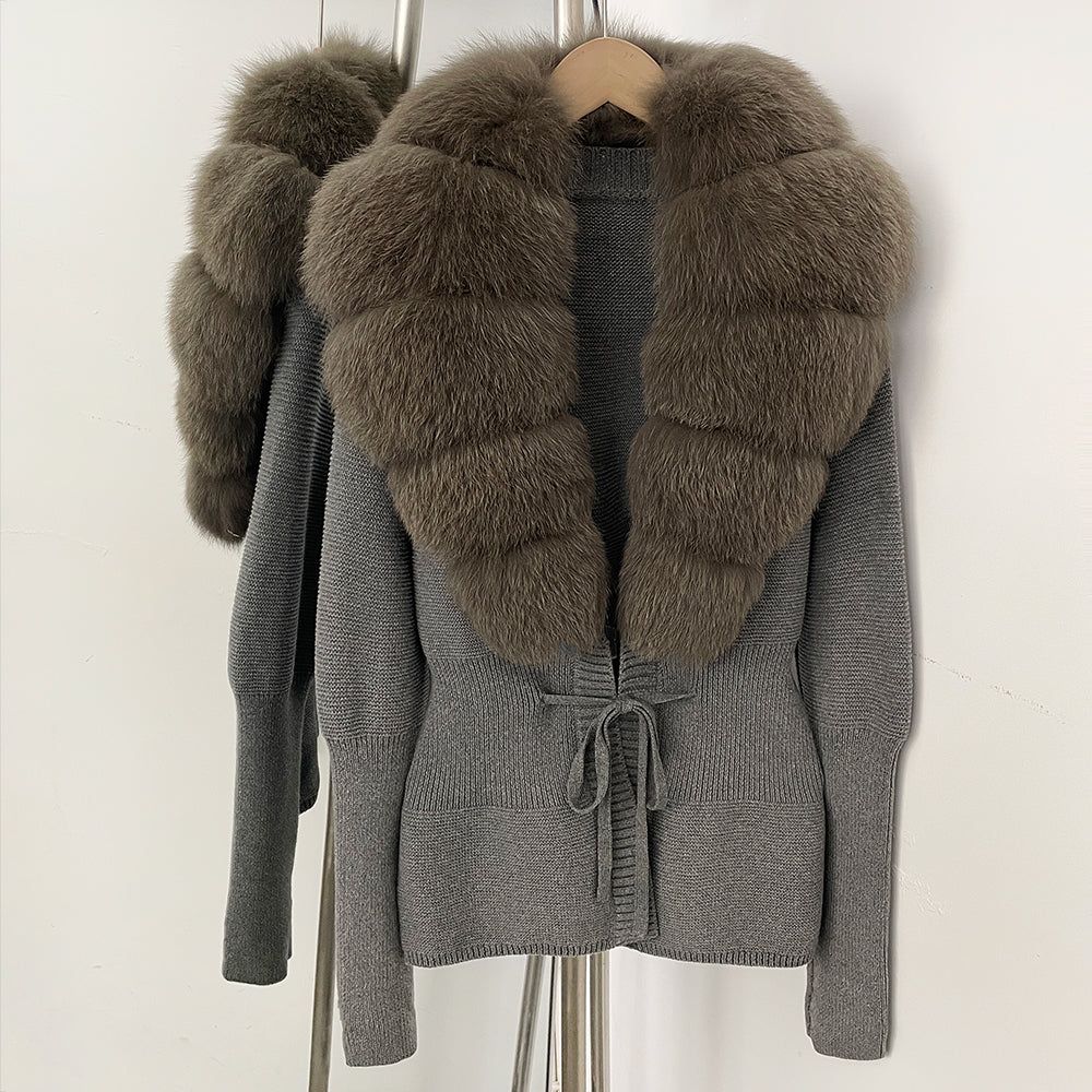 OFTBUY Luxury 100% Cotton Jacket with Real Fox Fur Collar New Autumn Winter Knit Cardigan Women Slim Warm Sweater Outerwear Lady