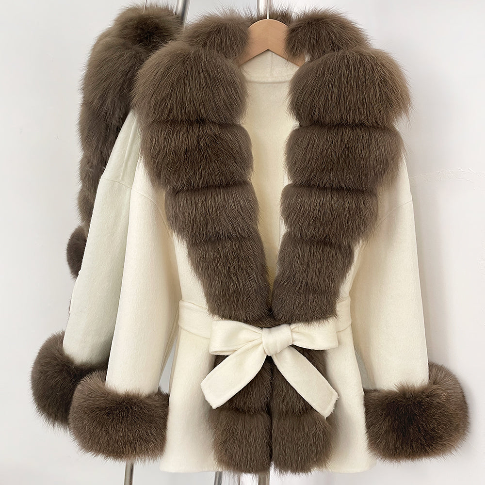 OFTBUY Big Natural Fox Fur Pinnacle 100% Wool Coat Female New Autumn Winter Clothes Women Belt Natural Fur Collar Woolen Jacket