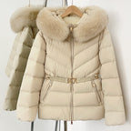 OFTBUY Belt Slim Hooded Real Fox Fur Collar Jacket Female New Winter Top Clothing Women Thickened Warm Raccoon Fur Fluffy Coat