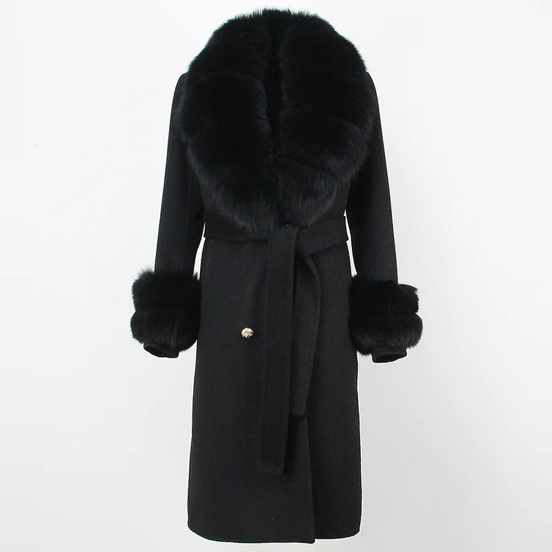 OFTBUY Winter Jacket Women Long Natural Wool Blends Cashmere Real Fur Coat Double Breasted Belt Warm Streetwear New Fashion