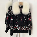 OFTBUY Women's Vintage Real Fox Fur Collar Knit Cardigan Paisley Print Zip Up Sweater Jacket Female Warm Winter Luxury Outerwear