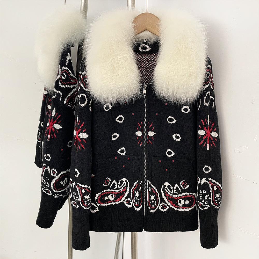 OFTBUY Women's Vintage Real Fox Fur Collar Knit Cardigan Paisley Print Zip Up Sweater Jacket Female Warm Winter Luxury Outerwear
