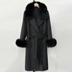 OFTBUY Fashion Warm Solid Long Wool Real Fur Jacket Female Natural Fox Fur Cuff Woolen Coat New Autumn Winter Black Clothes Lady