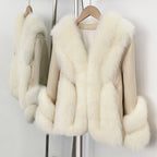 OFTBUY Women's Real Fox Fur Coat with Genuine Leather Sleeves Luxury Natural Fur Jacket Female New Warm Winter Clother Outerwear