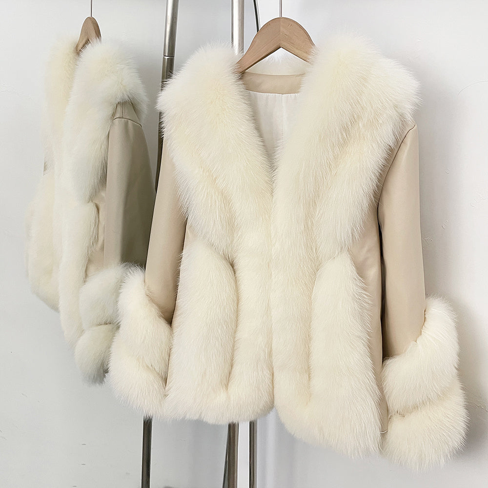 OFTBUY Women's Real Fox Fur Coat with Genuine Leather Sleeves Luxury Natural Fur Jacket Female New Warm Winter Clother Outerwear