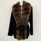 OFTBUY Trim Belted Waist Warm Winter Luxury Fashion Outerwear Sweater Female New Women's Knit Cardigan with Large Real Fox Fur