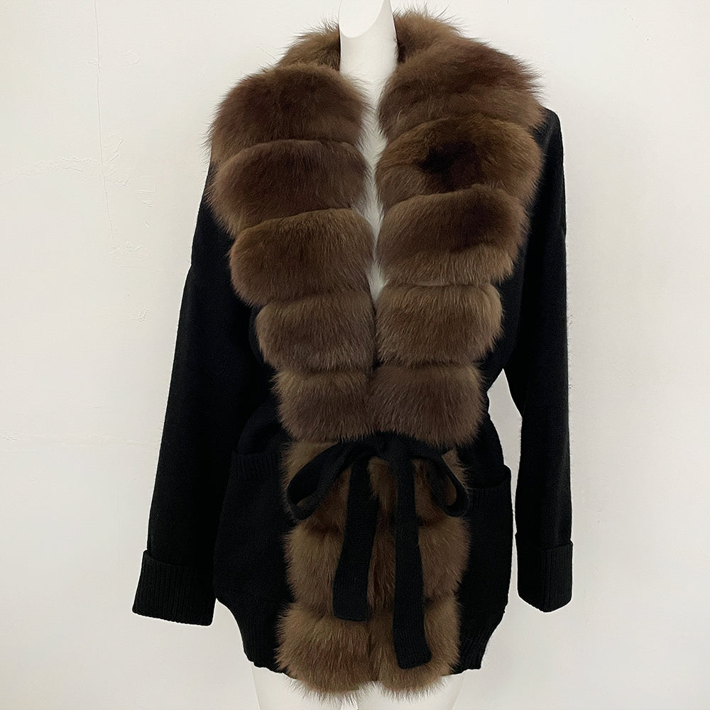 OFTBUY Trim Belted Waist Warm Winter Luxury Fashion Outerwear Sweater Female New Women's Knit Cardigan with Large Real Fox Fur