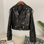 OFTBUY New Women's Genuine Leather Cropped Moto Jacket Crocodile Embossed Real Leather Biker Coat with Belt Punk Rock Outerwear
