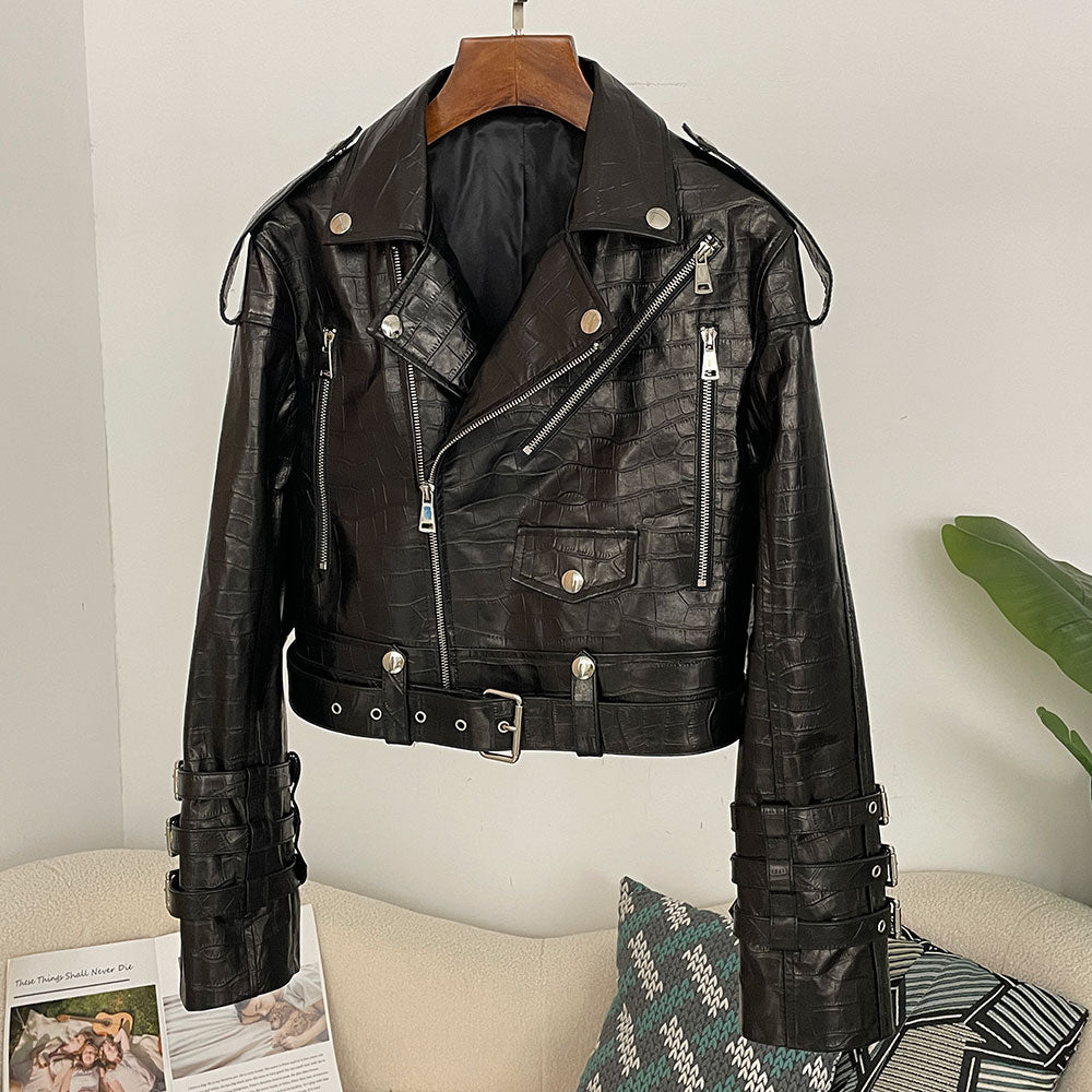 OFTBUY New Women's Genuine Leather Cropped Moto Jacket Crocodile Embossed Real Leather Biker Coat with Belt Punk Rock Outerwear