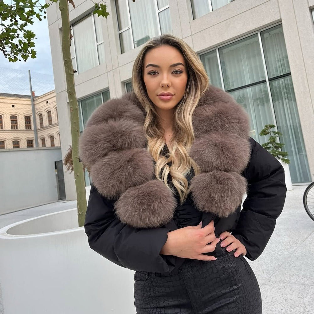 OFTBUY Luxury Cropped Puffer Jacket with Massive Real Fox Fur Collar - Premium 90% Duck Down Winter Coat