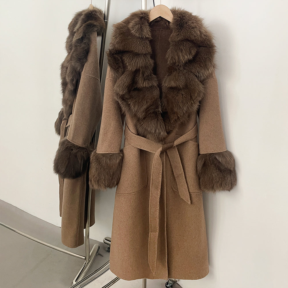 OFTBUY New Autumn Winter Long Top Clothes Irregularity Real Fox Fur Collar and Cuffs Wool Jacket Female Natural Fur Woolen Coat