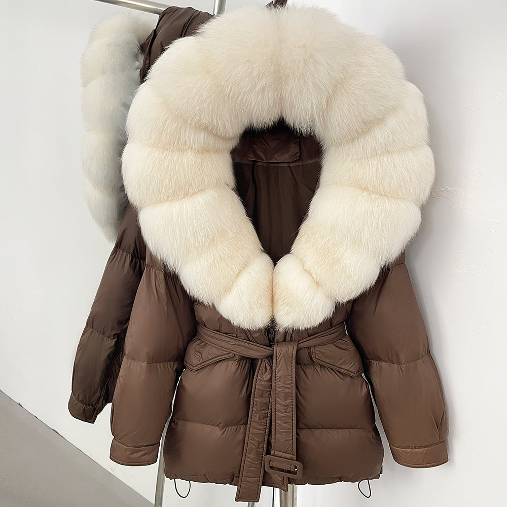 OFTBUY Thick Warm Mid-Long Puffer Coat Real Fox Fur Collar White Duck Down Coat Female Loose Warm Hooded Parkas With Belt