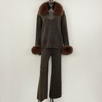 OFTBUY Loose Pants Warm Winter Elegant Casual Outfit Sweater Female New Women's Knit Two Piece Set with Real Fox Fur Collar