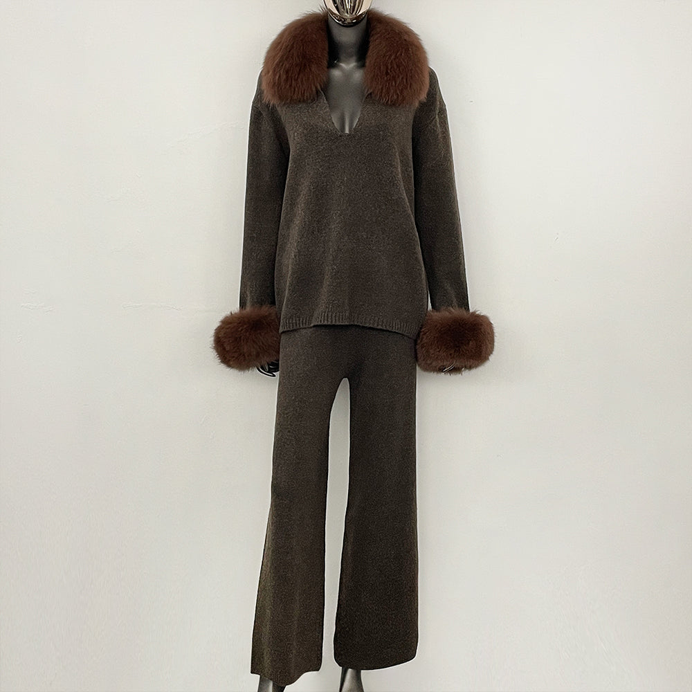 OFTBUY Loose Pants Warm Winter Elegant Casual Outfit Sweater Female New Women's Knit Two Piece Set with Real Fox Fur Collar