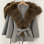 OFTBUY Belt Real Fox Fur Wool Coat Female New Autumn Winter Warm Clothes Women Natural Fox Fur Collar Cashmere Woolen Jacket
