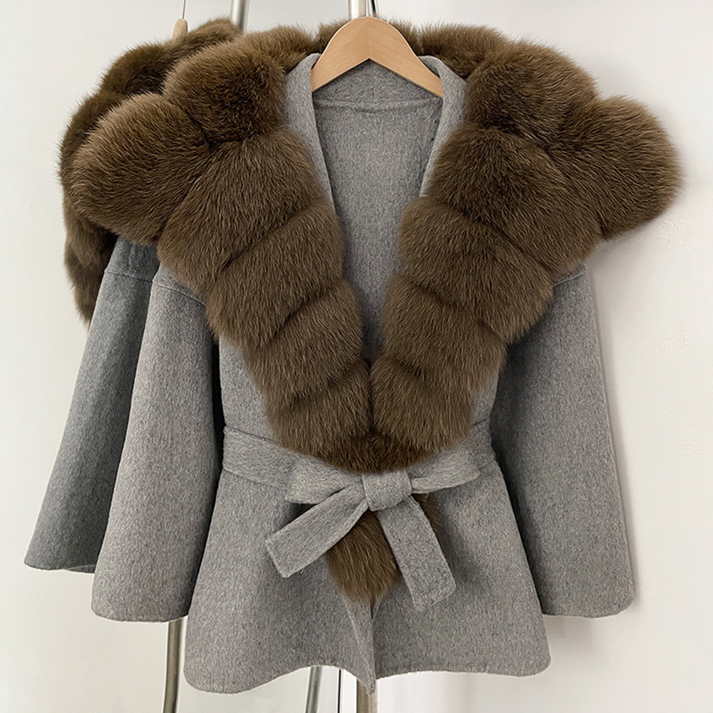 OFTBUY Belt Real Fox Fur Wool Coat Female New Autumn Winter Warm Clothes Women Natural Fox Fur Collar Cashmere Woolen Jacket