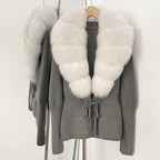 OFTBUY Luxury 100% Cotton Jacket with Real Fox Fur Collar New Autumn Winter Knit Cardigan Women Slim Warm Sweater Outerwear Lady