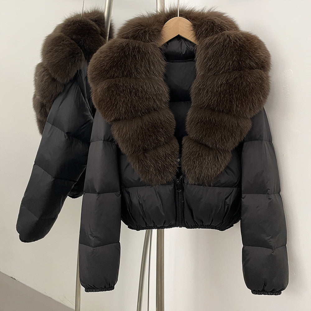 OFTBUY New Puffer Jacket Women with Large Natural Fox Fur Collar Short Fluffy Thick Parkas Female 90% White Duck Down Coat Lady