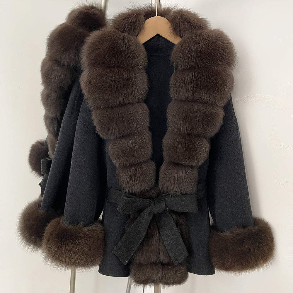 OFTBUY Big Natural Fox Fur Pinnacle 100% Wool Coat Female New Autumn Winter Clothes Women Belt Natural Fur Collar Woolen Jacket