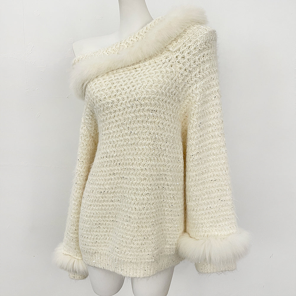 OFTBUY New Spring Autumn Light Top Clothes Female One-length Shoulder Pullovers Knitting Coat Women Real Fox Fur Knitted Sweater