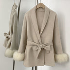 OFTBUY High End Double-sided Wool Strapping Real Wool Fur Coat Women's Removable Cuffs Fox Fur Temperament Cashmere Short Jacket