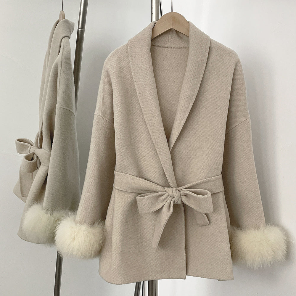 OFTBUY High End Double-sided Wool Strapping Real Wool Fur Coat Women's Removable Cuffs Fox Fur Temperament Cashmere Short Jacket