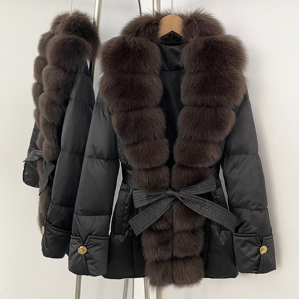 OFTBUY Luxury Women's Down Jacket women Warm Winter Parka Outerwear Duck Down Real Fox Fur Collar Belted Puffer Coat female