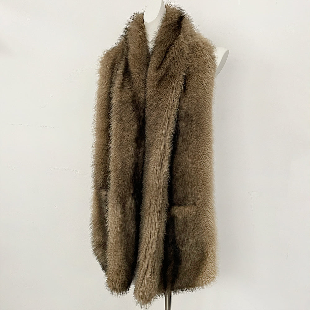 OFTBUY Luxury Long-Line Faux Fur Gilet - Premium Vegan Fox Fur Sleeveless Overcoat with Oversized Shawl Collar