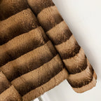  Detail shot of layered gradient stripe genuine rabbit fur sleeve texture