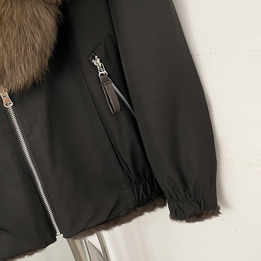 OFTBUY Luxury Real Fox Fur Collar Parka - Premium Real Rabbit Fur Lined Bomber Jacket for Extreme Cold