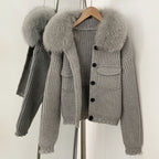 OFTBUY Short Natural Fox Fur Collar Knitted Sweater Coat FemaleReal Fur Clothing New Autumn Winter Knitting Cardigan Women