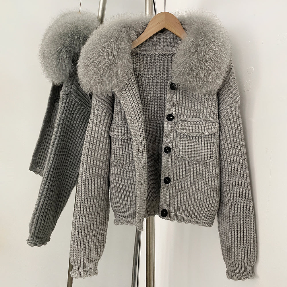 OFTBUY Short Natural Fox Fur Collar Knitted Sweater Coat FemaleReal Fur Clothing New Autumn Winter Knitting Cardigan Women