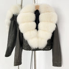 OFTBUY Natural Fox Fur Faux Leather Jacket Female New Autumn Short Top Clothing Women Long Sleeve Fake Leather Real Fur Coat