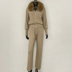OFTBUY Winter New Women's Knitted Tracksuit Set with Fox Fur Collar Zipper Jacket Wide Leg Pants Luxury Casual Two-Piece Outfit